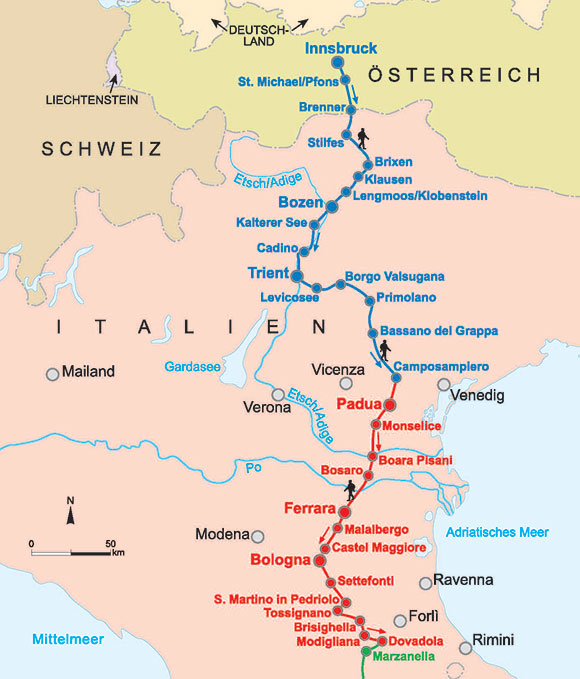 Karte von Innsbruck nach Bologna